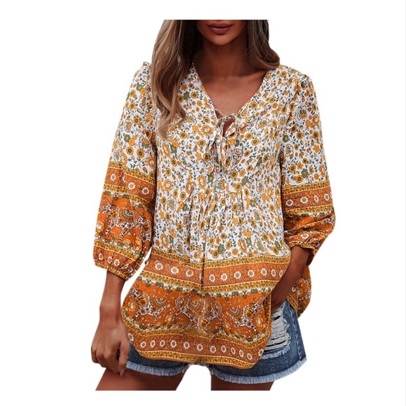 NWT Casual Boho V Neck Top Loose Floral Print Long Sleeve Beach Shirt El… - Picture 4 of 9